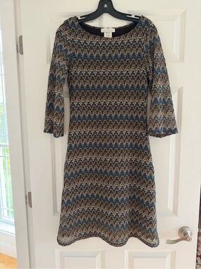 Papillon Blanc Blue and Brown Zigzag Knit Long Sleeve Dress medium